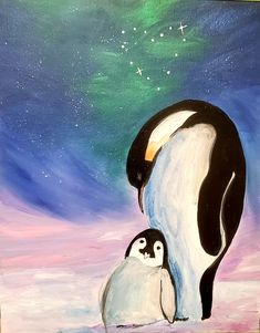 an acrylic painting of two penguins with stars in the night sky above them