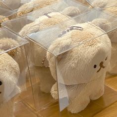 several stuffed animals in clear plastic cases sitting on the floor with their faces partially covered