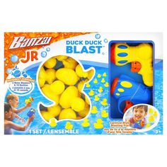 the duck duck blast toy is in its box and ready to be used as a game