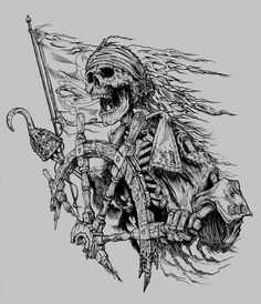 a drawing of a skeleton pirate riding on a ship