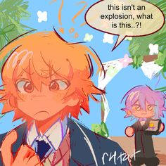 two anime characters one with an orange hair and the other wearing a blue suit, are talking to each other