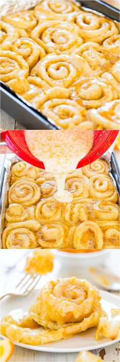 the steps to make cinnamon rolls in a pan with orange sauce on top and then being drizzled over them