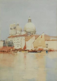 an oil painting of some buildings in the water