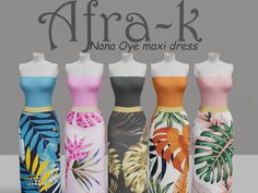 four dresses with tropical print on them are displayed in front of a sign that says aria ove max dress