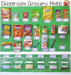 the classroom grocery math board is filled with snacks