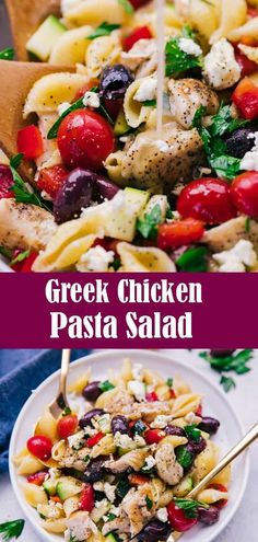 greek chicken pasta salad with tomatoes, olives and feta cheese