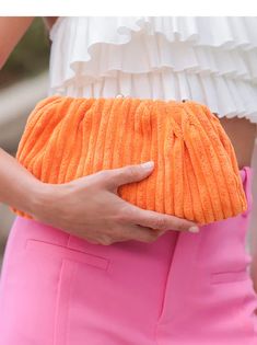 A fuzzy clutch that is in perfect spring/summer colors! Color: Orange & Pink Style #: 01-44-118OR & 01-44-118PI Material: Polyester L 10.5" × W 4" × H 6" Gold Hardware Kiss Lock Closure 1 Inner Slip Pocket Pink Style, Summer Colors, Orange Pink, Pink Fashion, Color Orange, Gold Hardware, Pink And Orange, Spring Summer, Kiss