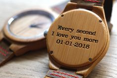 "The wooden watch combines a high quality Japan quartz movement with an eco friendly material, bamboo, which gives the watch a luxury feel to it. The bamboo watch has a genuine leather wrist strap with red stitches. The wooden watch can be custom engraved with your own personal text and made of real wood and leather! 100% Natural ✓ Top quality ✓ 14 days return policy ✓ worldwide shipping ✓ express shipping available. The diameter of the watch is: - 1.7 inches (4.3cm) The watch is suitable for bo Wooden Watches With Round Dial As Gift, Wooden Watches As Gifts, Engraved Brown Watches As Gift, Engraved Brown Watches For Gift, Engraved Brown Watches For Gifts, Brown Engraved Watch For Gift, Brown Engraved Watches As Gifts, Wooden Watch Engraved, Christmas Watches