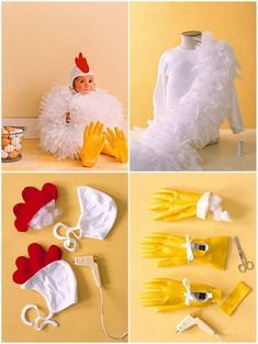 several pictures of different items made to look like chicken costumes