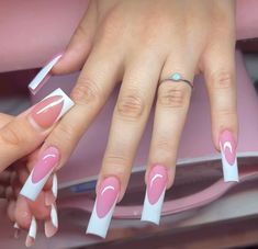 White On Pink Nails, French Tip Rectangle Nails, Pink And White Medium Nails, Pink Acrylic With White French Tip, Medium Basic Nails, Classy French Tip Nails Sparkle, White On Pink French Tip, White French Tips With Pink Base, Cute Long French Tip Nails