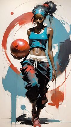 a painting of a woman holding a basketball in her hand and wearing headbands