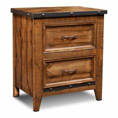 an old wooden nightstand with two drawers on one side and metal pulls on the other