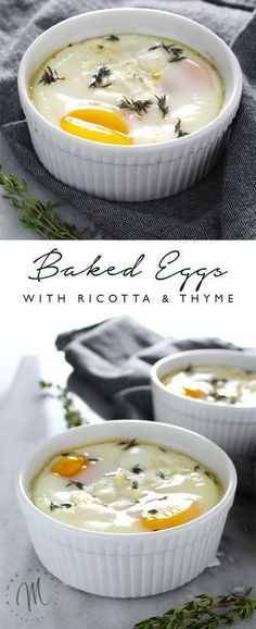 two bowls of baked eggs with ricotta and thyme in them on a table