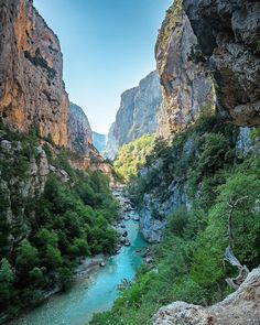 a river flowing through a lush green forest next to tall rocky mountains with trees on either side