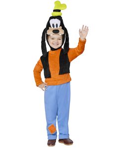 a young boy in goofy costume waving at the camera