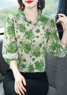 Art Green Ruffled Patchwork Print Chiffon Shirt Top Summer Half Sleeve Tops, Art Green, Patchwork Print, Sleeves Clothing, Top Summer, Summer Fabrics, Chiffon Shirt, Classy Women, Print Chiffon