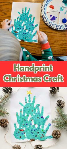 handprint christmas craft for kids with pine cones and paper plates on the table next to it