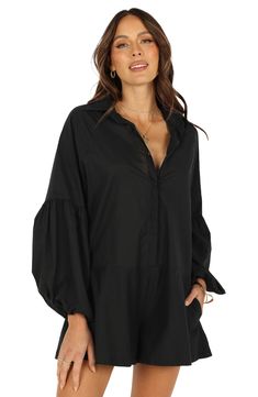 This breezy button-front romper is designed with billowy sleeves and a stem-showing hem. Front button closure Spread collar Long sleeves Side pockets 100% cotton Hand wash, dry flat Imported Romper With Boots Fall, Black Elsa, Petal And Pup, Fitted Romper, Summer Playsuit, Black Playsuit, Exclusive Clothing, Clothing Details, Dresses By Length