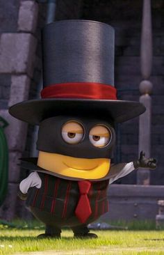 an animated character dressed in a top hat and tie, standing on the grass with his arms out