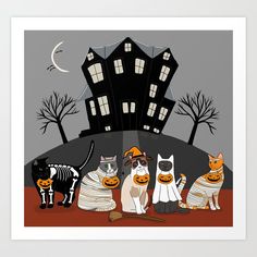 a group of cats dressed up in halloween costumes sitting on the ground next to a house