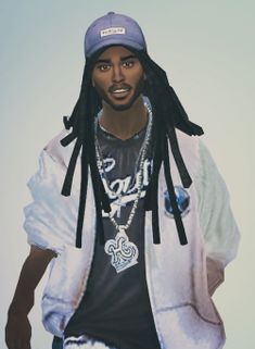 a man with dreadlocks and a baseball cap is standing in front of a white background