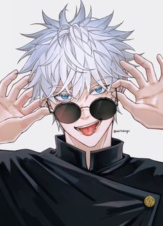 an anime character with white hair wearing sunglasses and a black shirt holding his hands up to his head