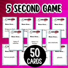 the 5 second game is shown with five cards in front of it and four words below