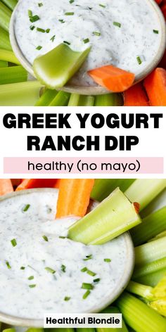 greek yogurt ranch dip with celery, carrots and celery sticks