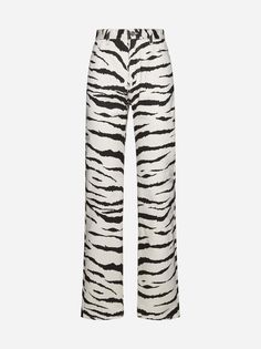 Alaia's zebra print denim jeans in shades of cream and black featuring high waist, belt loops, button and zip fly, five pocket cut and straight leg. ? Composition: 100% cotton Printed Denim Jeans, Denim Trench Coat, Print Jeans, Printed Jeans, Printed Denim, Luxury Brands, Yoga Wear, Bridal Shoes, Zebra Print