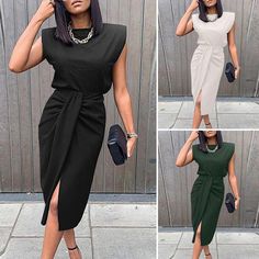 Summer Women Retro Sleeveless Holiday Party Solid Sexy Elastic Waist Split Hem Long Dress Sundress Elegante Y Chic, 파티 드레스, Elegant Party Dresses, Dress Sleeve Styles, Split Design, V Neck Midi Dress, Family Party, Patchwork Dress, Vestido Casual