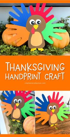 thanksgiving handprint craft with turkeys and pumpkins