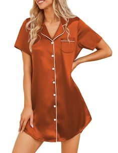 PRICES MAY VARY. 96% Polyester, 4% Other Fibers Imported Button closure 【Silk Pjs Material】This silk satin nightgown is made of 96% Polyester, and 4% Other Fibers. Soft, breathable, and skin-friendly nightshirt for women, perfect for sleeping or lounging at home. 【Boyfriend Nightshirt Style】Sleep shirts for women, Boyfriend nightshirts, Feature with notch collar, V neck button front, one chest pocket with contrast piping, knee length, and curved high-low hem design. The button down nightgown for Short Sleeve Sleepwear With Buttons, Summer Button-up Sleepwear For Bedtime, Summer Sleepwear With Buttons For Sleepovers, Summer Sleepwear With Buttons And Short Sleeves, Summer Short Sleeve Sleepwear With Buttons, Summer Sleepover Sleepwear With Buttons, Summer Short Sleeve Buttoned Sleepwear, Summer Satin Nightgown For Home, Summer Nightgown With Buttons