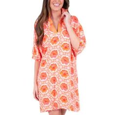 Emily Mccarthy's Signature Poppy Dress In Floral Crochet Is Perfect For Casual Days And Dressed Up Evenings. Loose Fitting With An Optional Stand Up Collar And Knee Length Hem. Dress Up With A Heel Or Go Casual With A Sneaker, The Poppy Dress Is Versatile For Every Style! 100% Rayon Casual Coral Dress For Vacation, Coral Dresses For Spring Vacation, Spring Coral Vacation Dresses, Spring Vacation Coral Dresses, Coral Spring Vacation Dresses, Feminine Orange Dress For Vacation, Feminine Orange Vacation Dresses, Orange Feminine Dresses For Daywear, Peach Short Sleeve Dress For Vacation