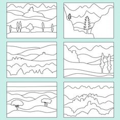 four different landscapes are shown in black and white, each with one line drawn on it