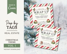 two christmas cards with the words wrap up on them