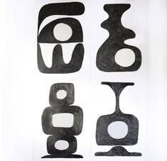 four black and white drawings on paper with circles in the shape of abstract shapes,