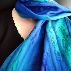 Silk Scarf Hand Dyed in Sapphire, Aqua and Midnight Blue Hand Dyed Silk Scarf, Silk Scarf Painting, Hand Painted Silk Scarf, Deep Ocean, Painted Silk, Hand Dyed Silk, Hand Painted Silk, Blue Scarf, Silk Dyeing