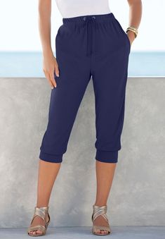 Elasticized waist and cuffs, functional drawstring and decorative grommets. Slant pockets.  Comfy, casual and everything easy, Soft Knits make Effortless Outfit, Navy Tie, Woman Within, Swimsuits For All, Drawstring Pants, Comfy Casual, Soft Knits, Capri Pants, Capri