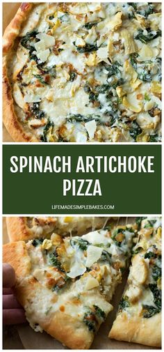 spinach artichoke pizza on a cutting board with the words spinach artichoke over it