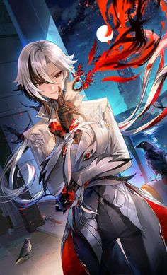 an anime character with long white hair and red eyes, standing in front of a dark background