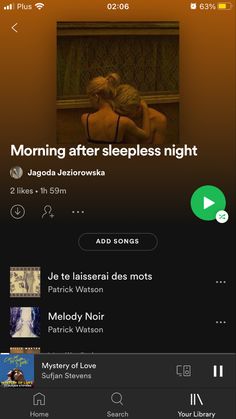 the music player on an iphone screen with text reading morning after sleepless night,