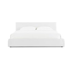 a bed with white linens and pillows on top of the headboard, in front of a white background