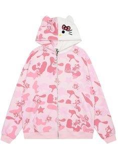 This hoodie features a classic camouflage pattern complemented with prints of cats holding guns creating a trendy and charming look. The hoodie has an embroidered Hello Kitty face that features a whimsical touch. Cotton material Kangaroo pockets Fits true to size Hello Kitty Outfit, Hello Kitty Hoodie, Kitty Clothes, Hello Kitty Clothes, Camouflage Hoodie, Pink Hello Kitty, Camo Hoodie, Hoodie Coat, Pink Hoodie