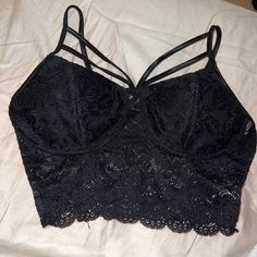 New Without Tags. Black Lace Bralette. Has Padding Black Strappy Bra For Night Out, Black Bra With Adjustable Straps For Night Out, Black Cami Bra For Night Out, Black Camisole Bra For Spring, Party Bra With Delicate Straps In Black, Sleepwear Black, Black Bandeau, Strapless Corset, Black Lace Bralette