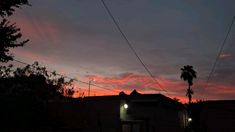 the sun is setting behind power lines and palm trees in front of an apartment building