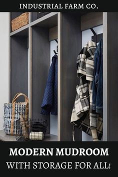 the modern mudroom with storage for all is featured in industrial farm co's website