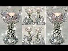 three different views of a crystal candle holder with lights on each side and the bottom