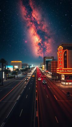 the night sky is filled with stars and bright lights as cars drive down an empty street