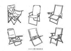 four folding chairs are shown in black and white, with one chair facing the camera