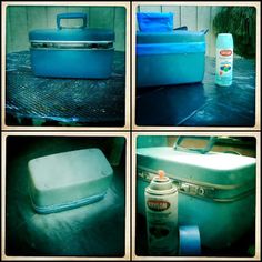 several pictures of an old suitcase and cleaning products